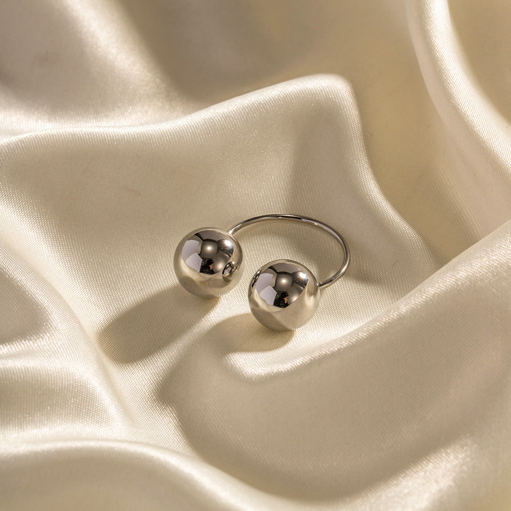 Ins Style Geometric Stainless Steel Plated Double Ball Open Ring for Women