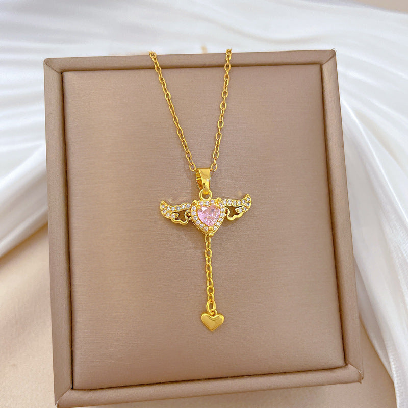 Sweet Geometric Moon Rhinestone Paved Movable Wing Tassel Necklace Titanium Steel Cable Chain for Women