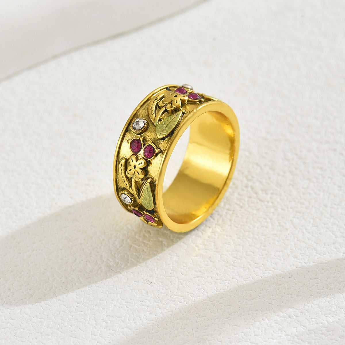 Anello vintage da donna in lega di zinco con strass intarsiati e motivo floreale geometrico in stile reale