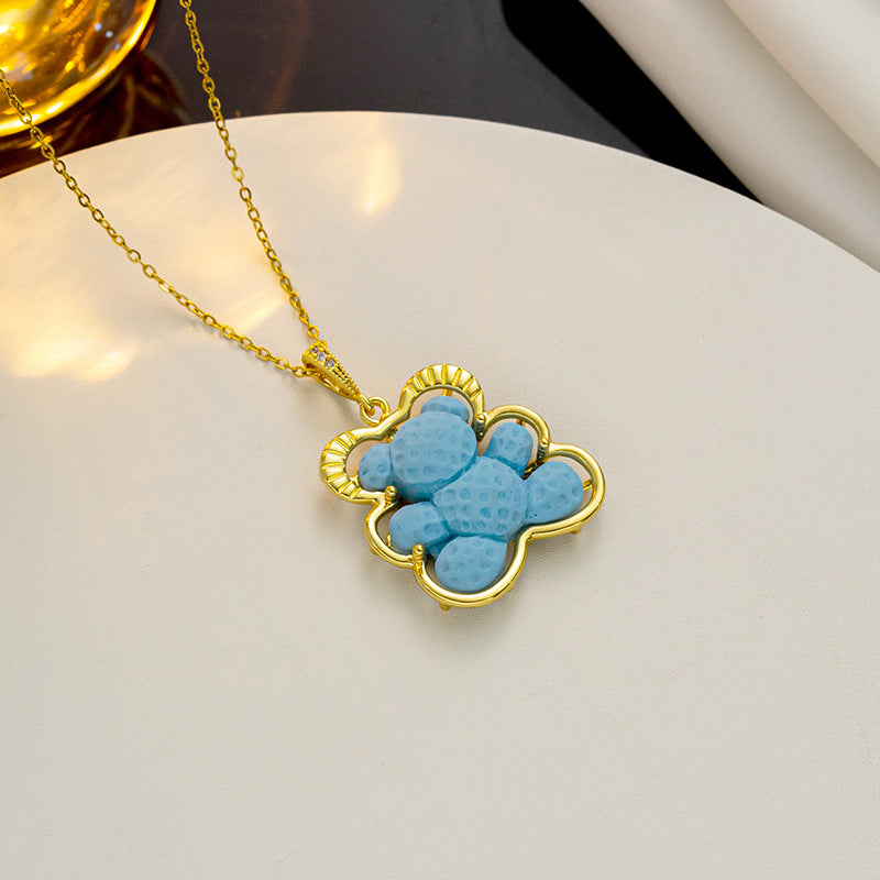 Cute Bear-Shaped Titanium Steel Plated Necklace for Women with O-Chain Minimalist Delicate Clavicle Chain