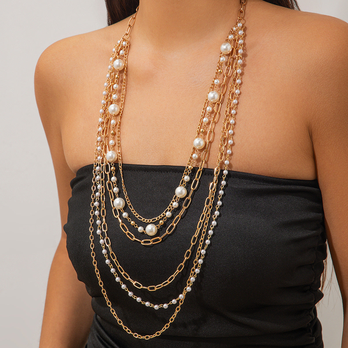 Collar largo de perlas de imitación con diseño geométrico y cadena cruzada electrochapada para mujer