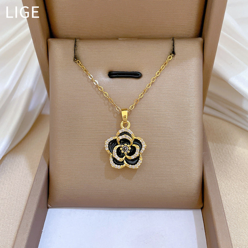 Charming Camellia-Shaped Enamel Pendant Necklace for Women with Titanium Steel Snake Chain, Lightweight and Elegant Locket Style
