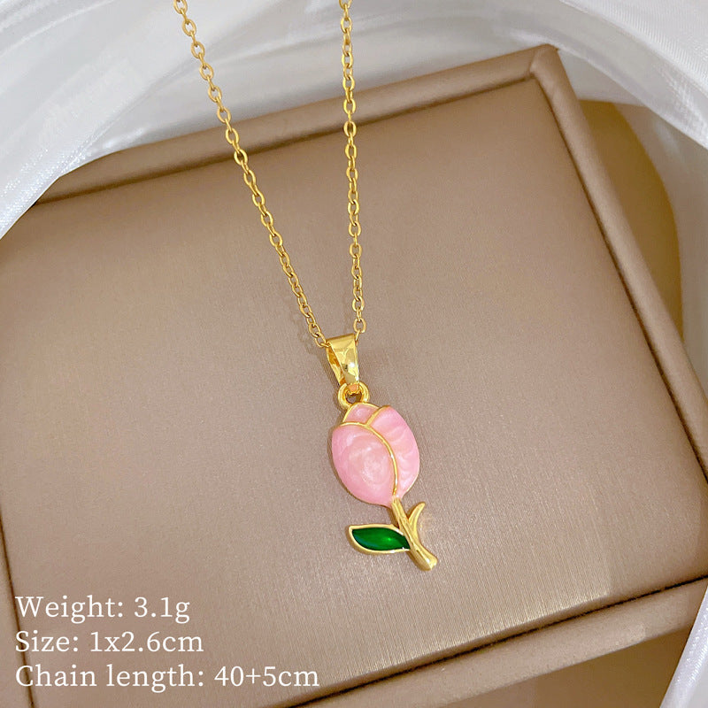 Sweet Minimalist Rose Moon Drip Oil Rhinestone Pendant Necklace Titanium Steel Cable Chain for Unisex