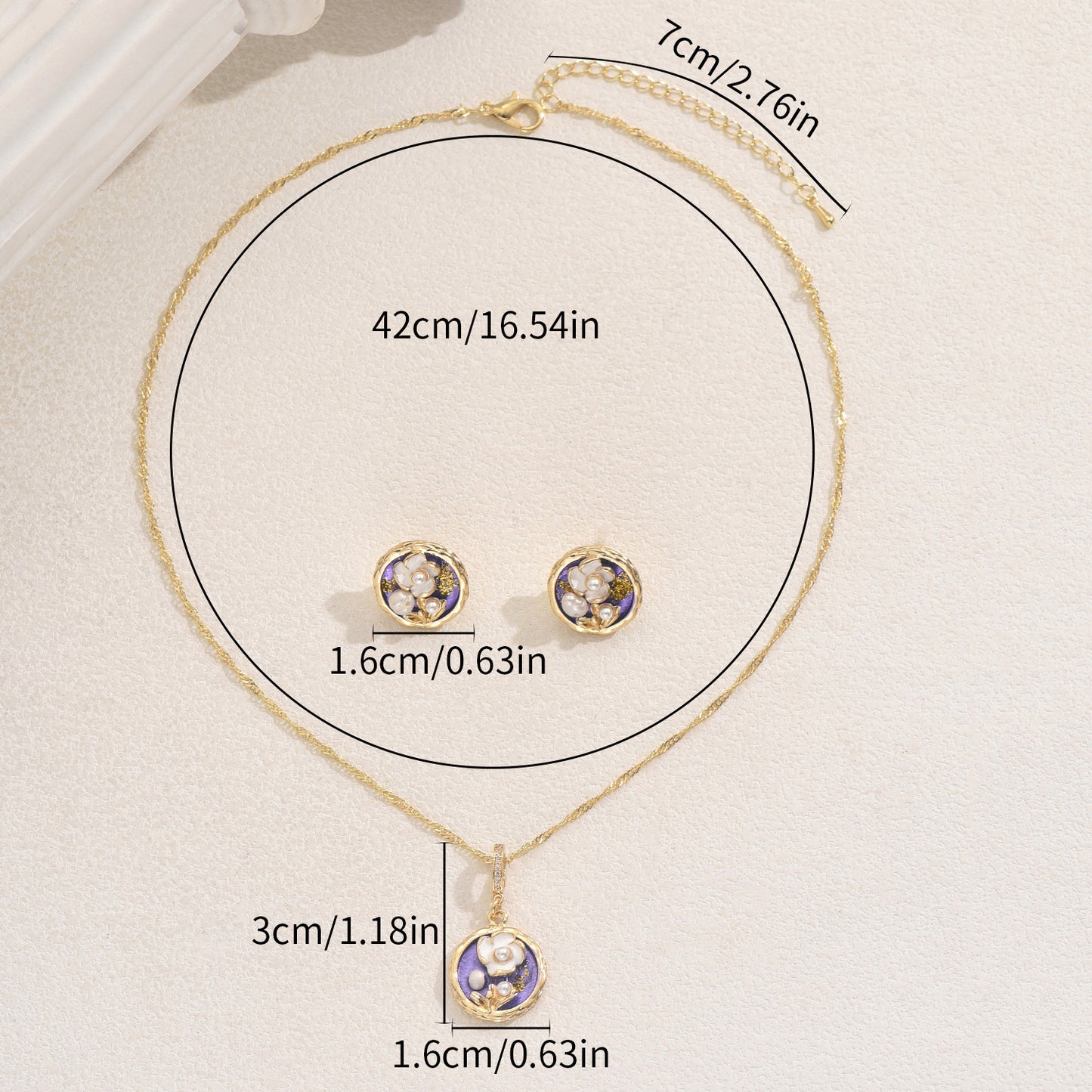 Set di orecchini e collana in rame con intarsio di perle e design floreale per donna, con finitura lucida