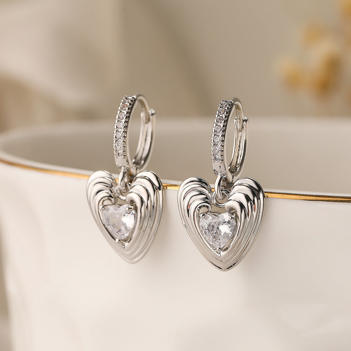 Minimalist Heart-Shaped Copper Earrings with Real Gold Plating and Zircon Inlay for Women