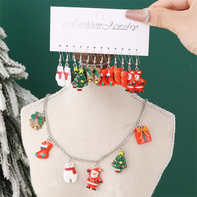 Set collana con ciondolo coordinato cappello e guanti di Babbo Natale, in resina, smaltato, con perline rotonde, per bambine