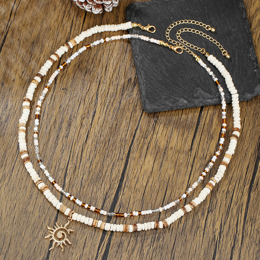 Casual Handmade Geometric Sun Alloy Pendant Coconut Shell Ball Chain Necklace Multi-layer Beach Vacation Jewelry