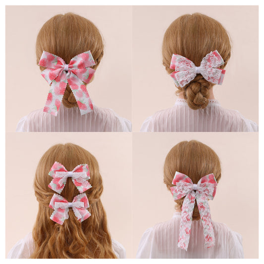 Fermaglio per Capelli a Fiocco Stile Naturale per Bambini con Nastro in Pizzo e Dettagli in Rete Arricciata, Accessorio per Capelli in Tessuto Fatto a Mano
