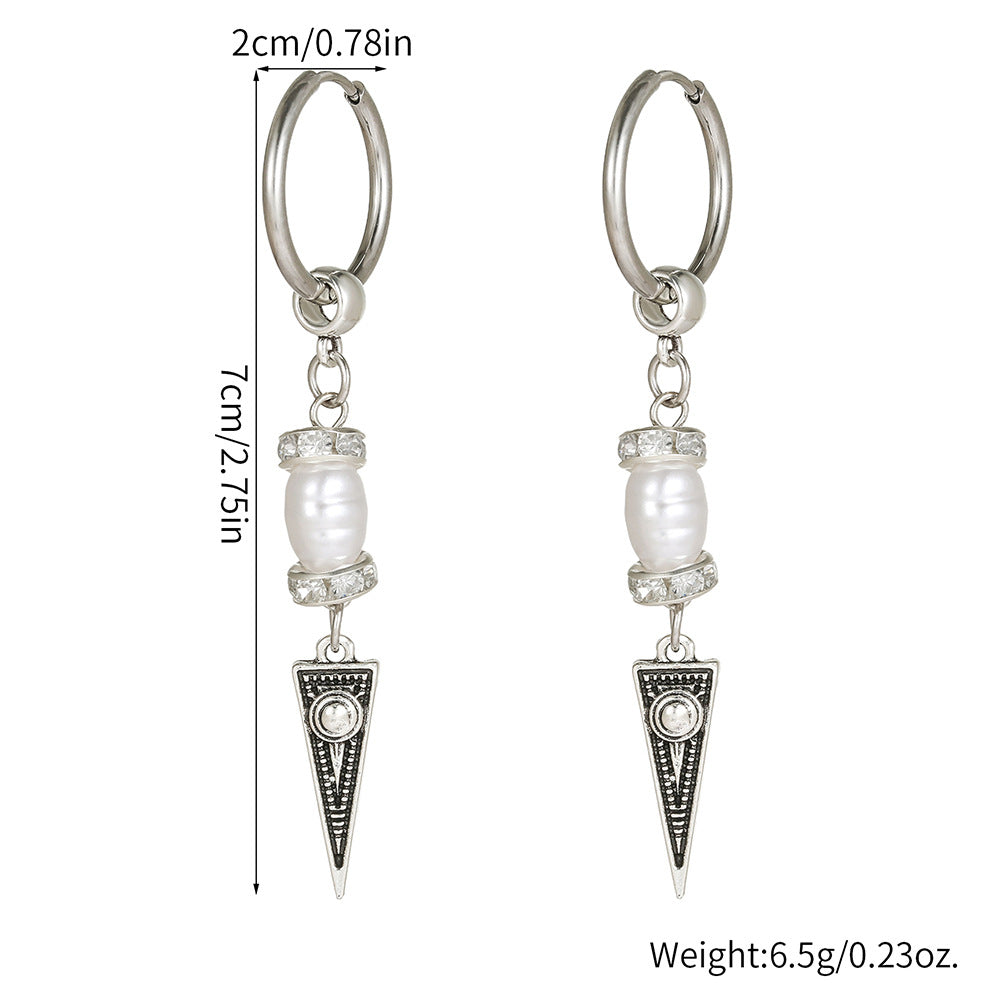 Hip-hop Punk Triangle Geometric Alloy Earrings with Imitation Pearl for Men