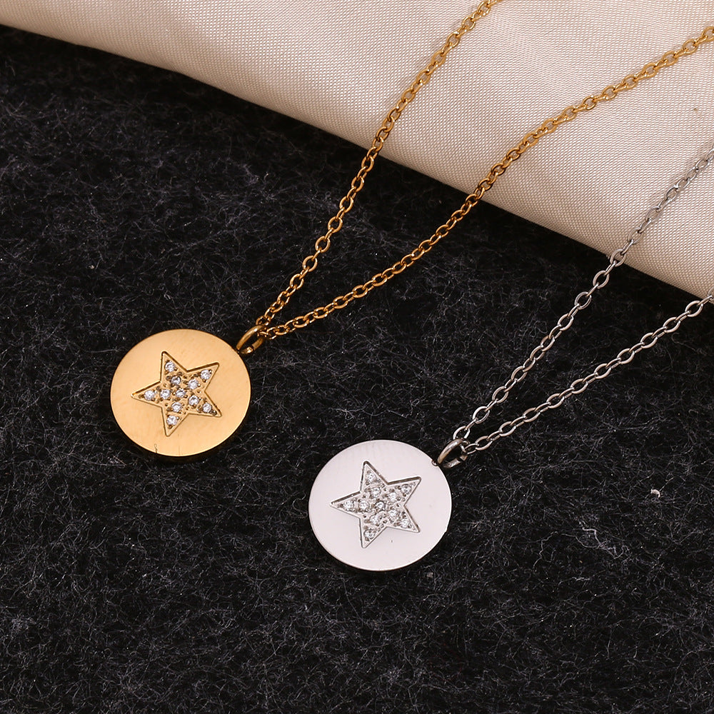 Minimalist Geometric Stainless Steel Pendant Necklace with 18K Gold Plating and Full Rhinestone Star Charm for Women