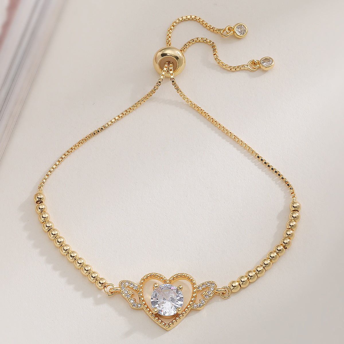 Sweet 18K Gold Plated Brass Heart Cubic Zirconia Inlay Bracelet for Women