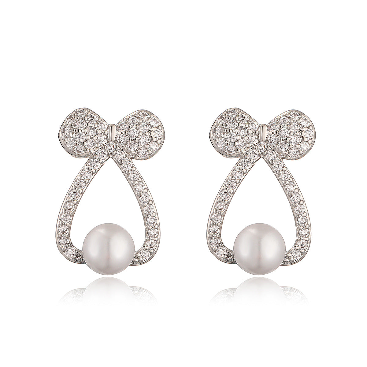 Geometric Bowknot Butterfly Earrings for Women with Copper Base Plated in Real Gold Micro-Paved Zirconia and Pearl Accents