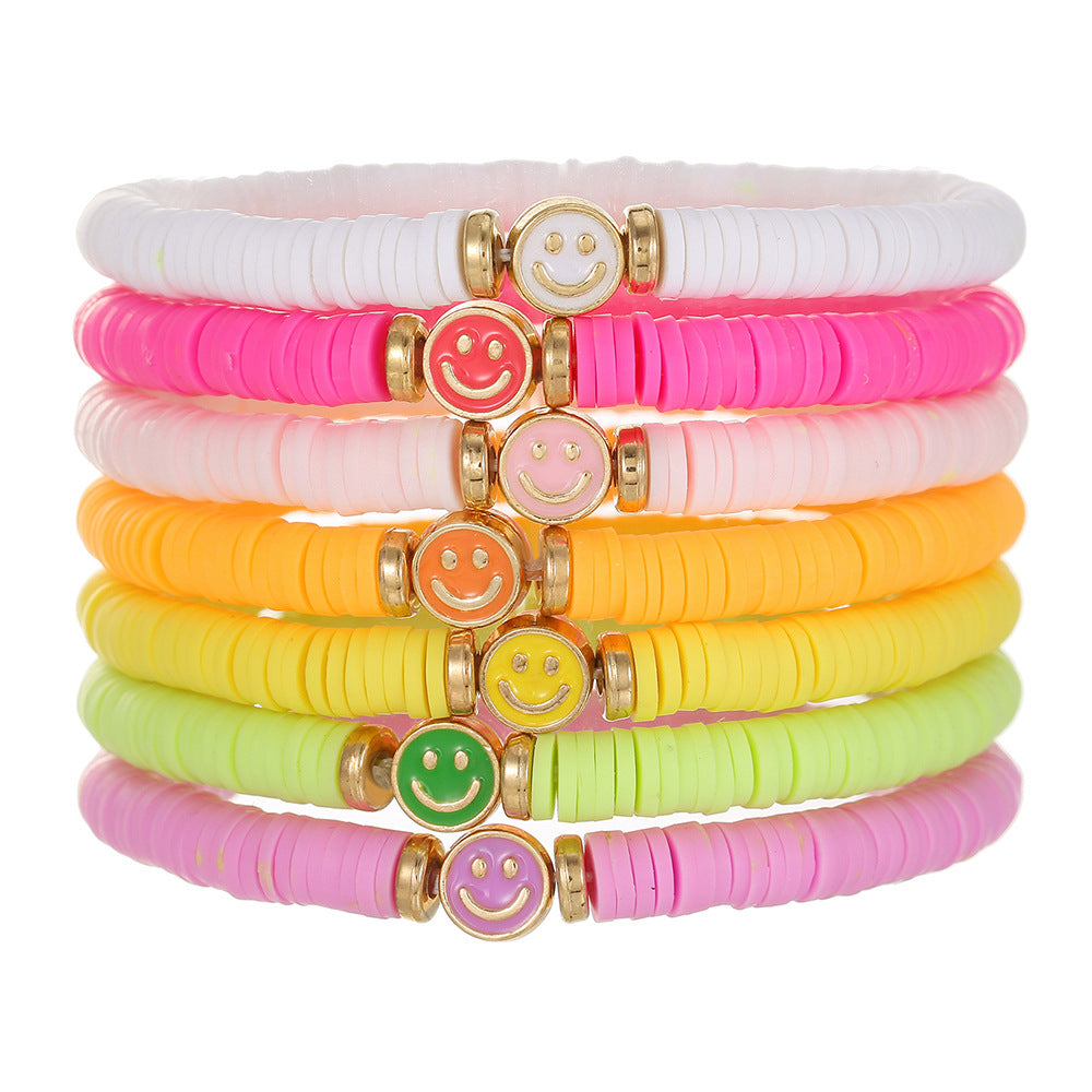 Bohemian Colorful Resin Drip Oil Round Geometric Smile Face Stacking Bracelet Set