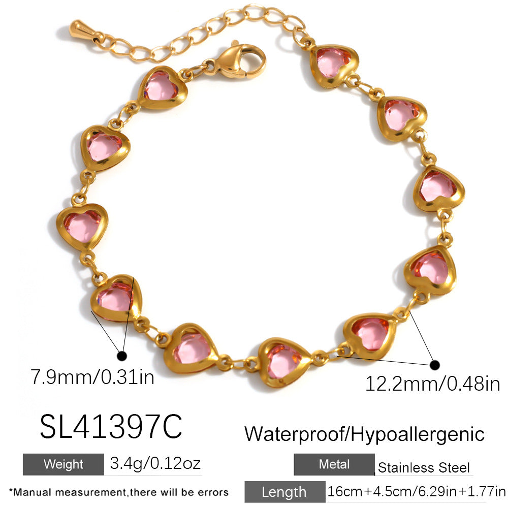 Elegante bracciale da donna in acciaio inossidabile placcato oro 18 carati a forma di cuore con intarsio di cristalli colorati