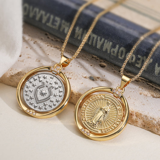Minimalist Vintage 18K Gold Plated Brass Geometric Cubic Zirconia Rotating Pendant Necklace for Women