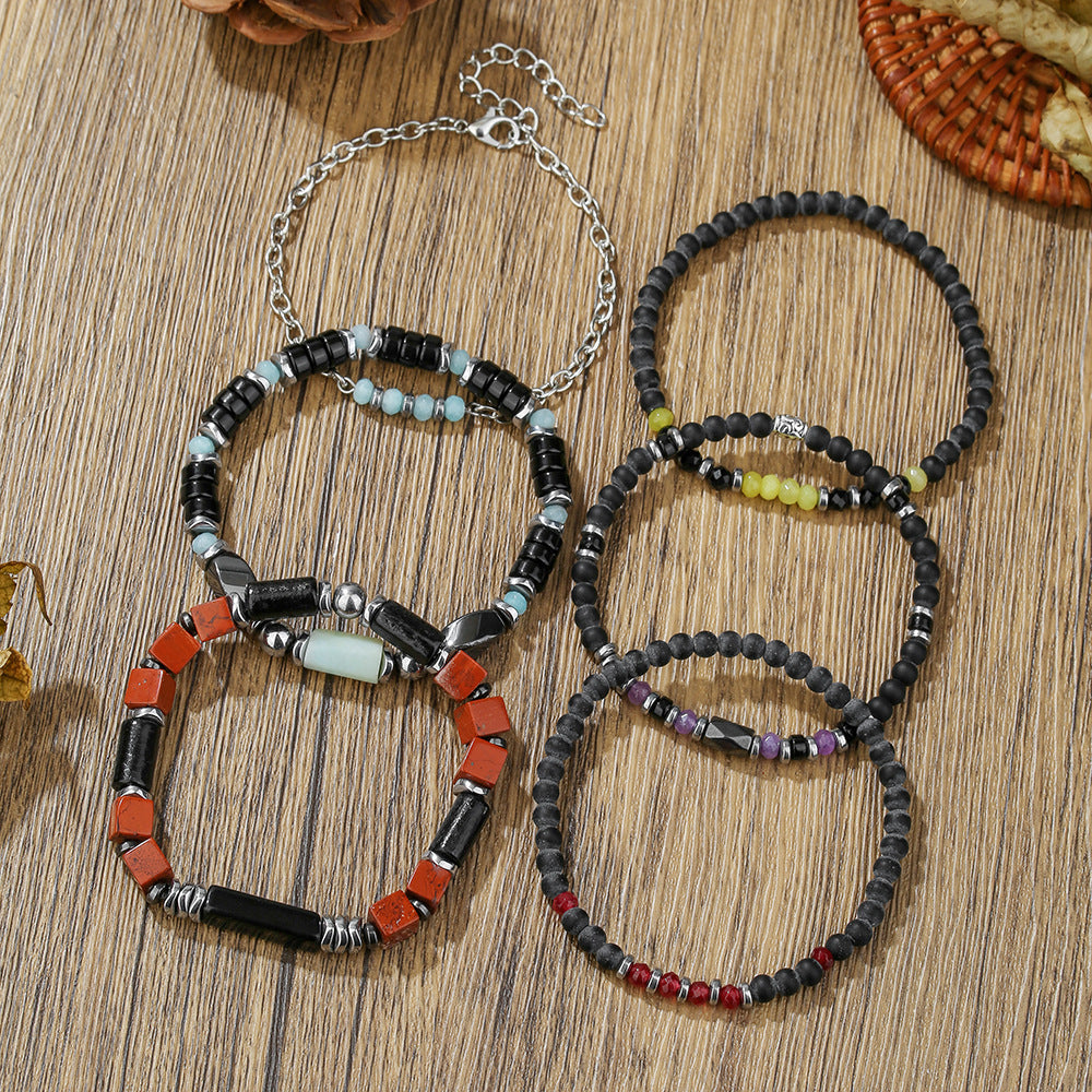 Hip-hop Minimalist Geometric Round Hematite and Black Magic Sand Stone Handmade Beaded Bracelet for Men and Women