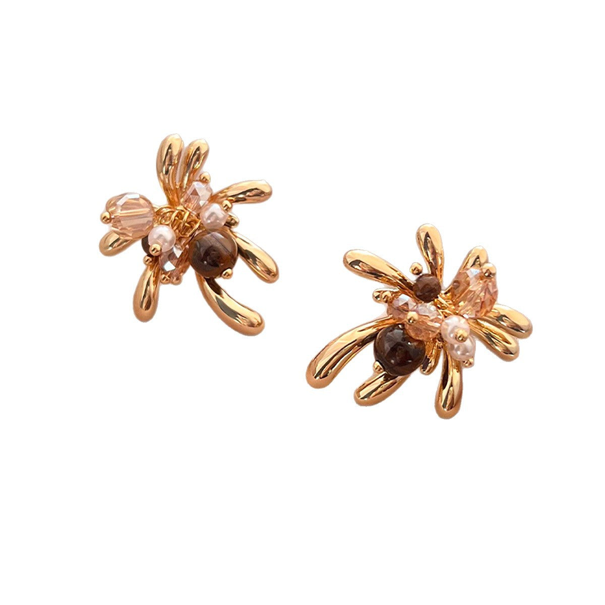 Pendientes de botón de acero chapado de estilo lujoso con perlas de imitación y detalles de ojo de tigre con diseño floral para mujer