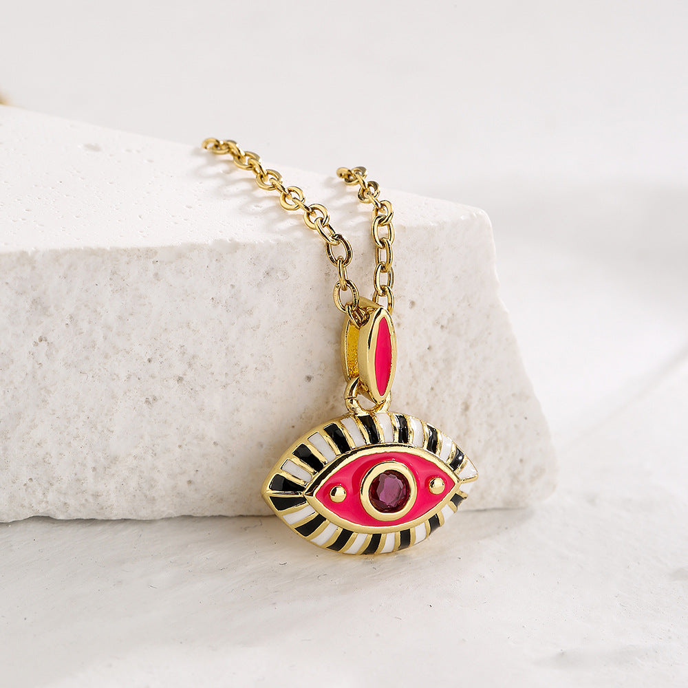 Collana pendente con occhio di Allah in stile bohémien da donna, con base in rame e finitura smaltata a forma geometrica
