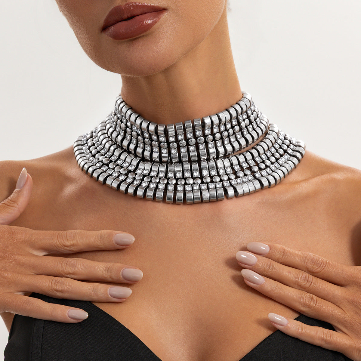 Exaggerated Luxury Geometric Square Rhinestone Plated Alloy Multi-layer Necklace for Women