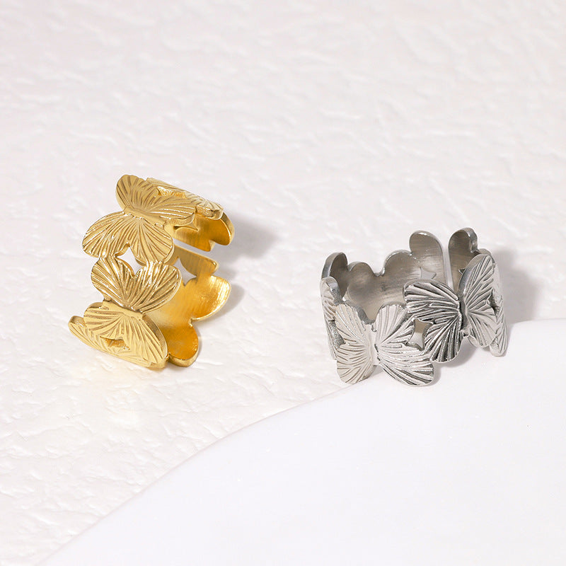 Anello Aperto Regolabile Minimalista a Forma di Farfalla in Acciaio Inox da Donna con Finitura Placcata