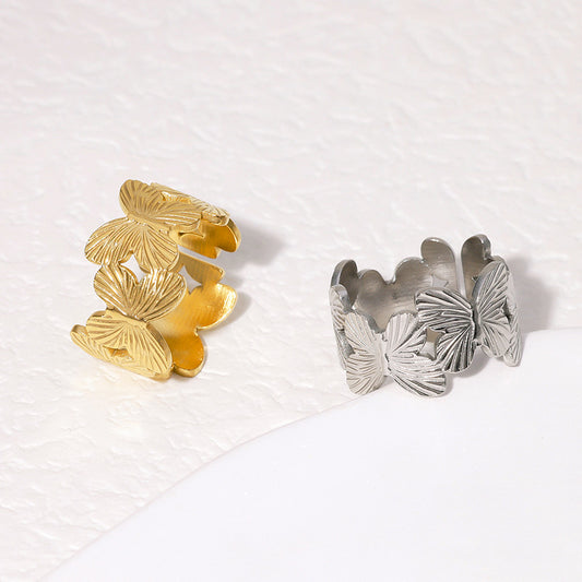 Anillo abierto ajustable minimalista de acero inoxidable con forma de mariposa para mujer con acabado chapado