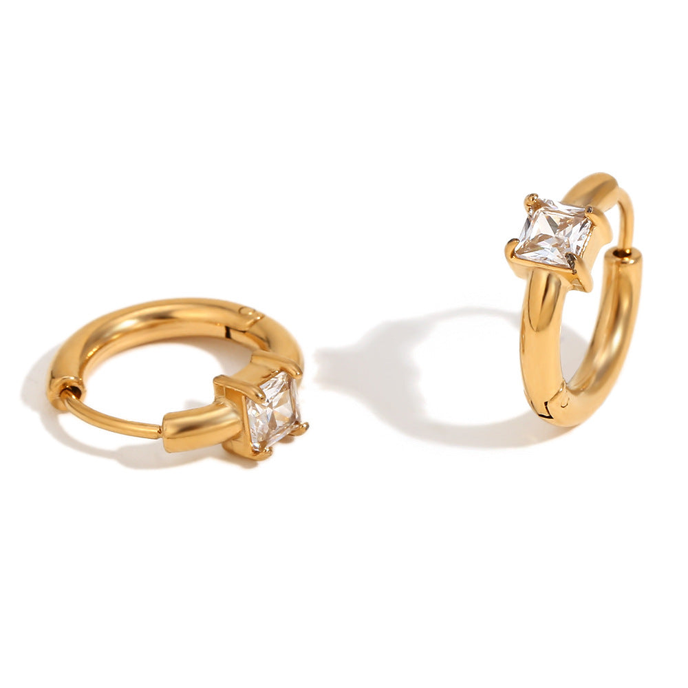 Minimalist Geometric Stainless Steel Earrings with 18K Gold Plating, Teardrop Triangle and Square Crystal Studs for Women