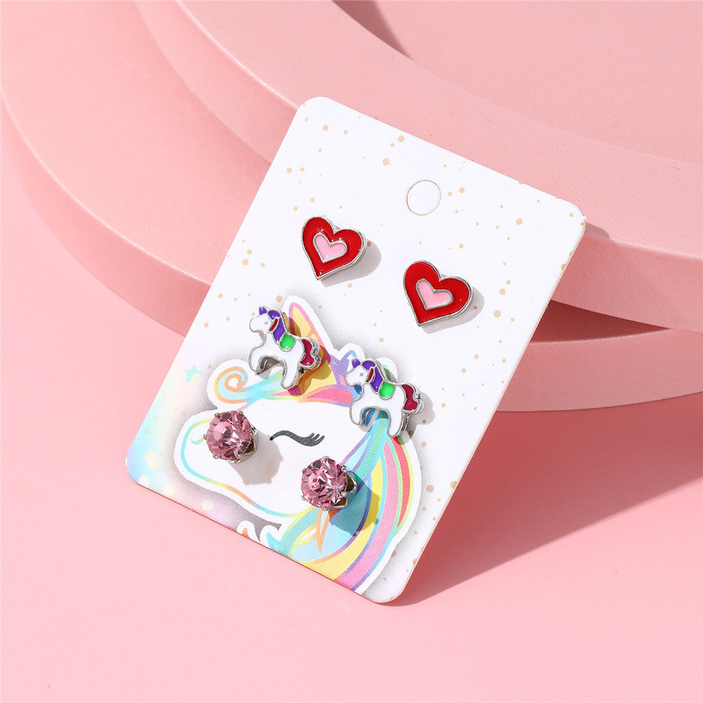 Juego de pendientes de unicornio de dibujos animados con arcoíris para niños, aleación con acabado esmaltado e incrustaciones de cristal rosa