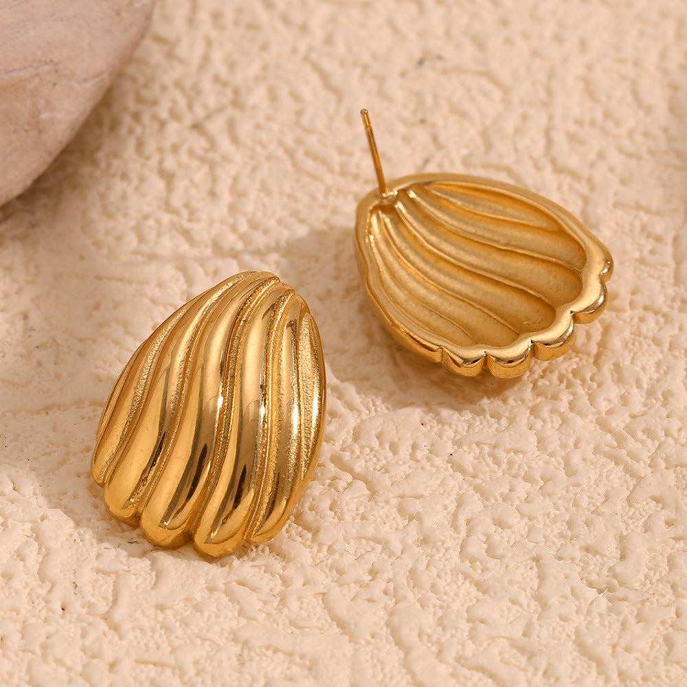 Minimalist Geometric Stainless Steel Earrings with 18K Gold Plating for Women, Fan-Shaped Studs