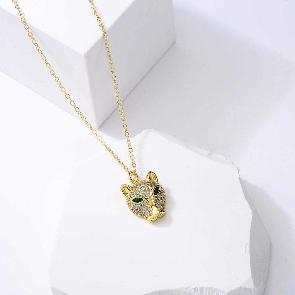 Geometric Lion Leopard Head Pendant Necklace in Copper with Real Gold Plating and Zircon Inlay for Unisex Hip Hop Style