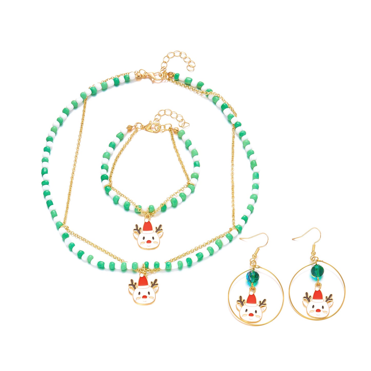 Fashion-Forward Christmas Necklace Set with Snowflake and Deer Pendant, Alloy Chain, Earrings and Bracelet, Women's Holiday Jewelry