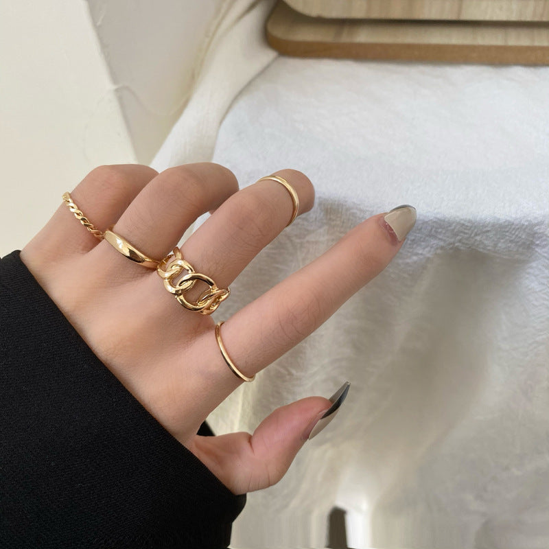 Minimalist Geometric Alloy Ring Set with Plating Finish for Women Five-Piece Fashion Finger Rings
