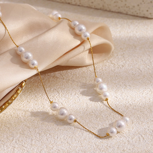 Elegant 18K Gold Plated Geometric Stainless Steel Necklace with Shell Pearl Pendant for Women