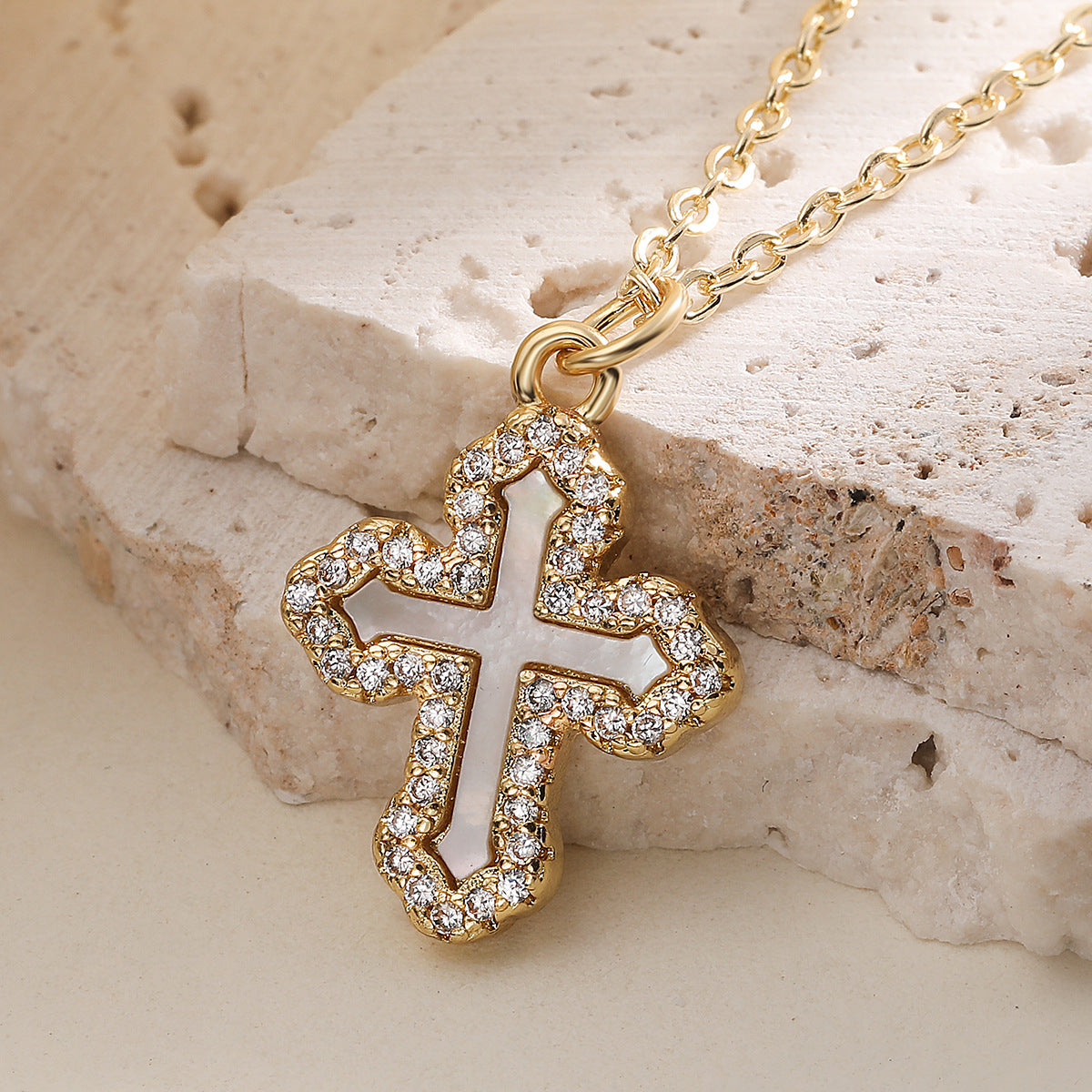 Minimalist 18K Gold Plated Brass Cross Pendant with Cubic Zirconia for Women