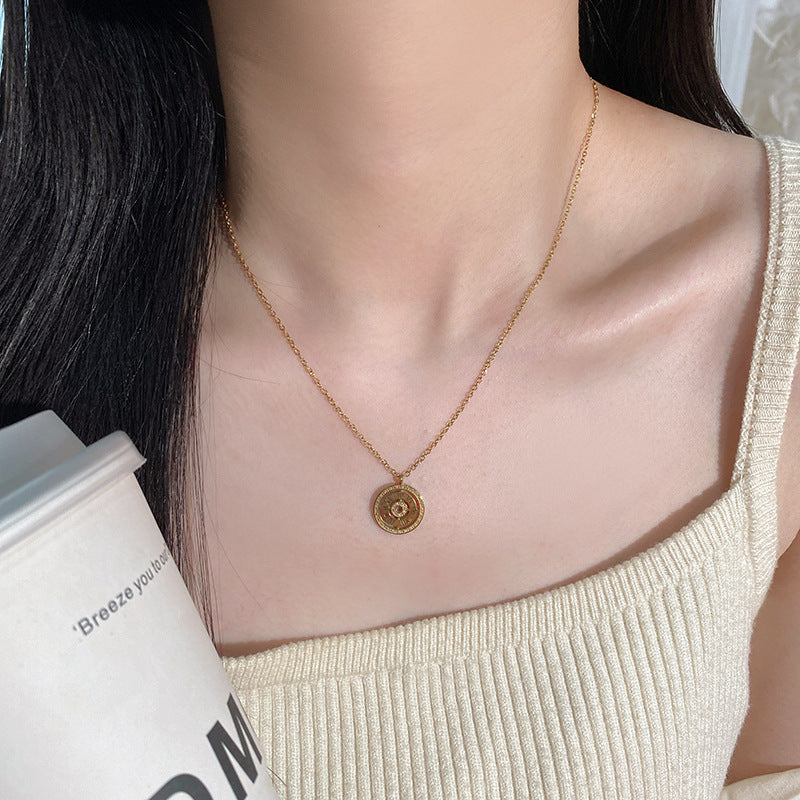 Gold Plated Round Number Pendant Titanium Steel Necklace for Unisex