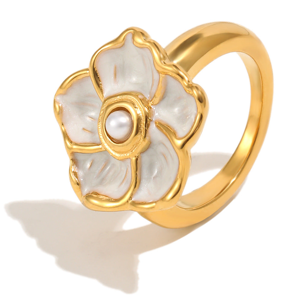 Anello in acciaio inossidabile placcato oro 18 carati con fiore a goccia, minimalista ed elegante, per donna