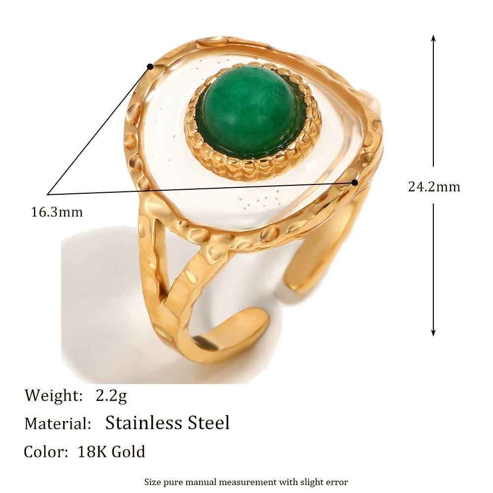 Vintage French Style Geometric Stainless Steel Ring with 18K Gold Plating and Acrylic Green Gemstone for Women