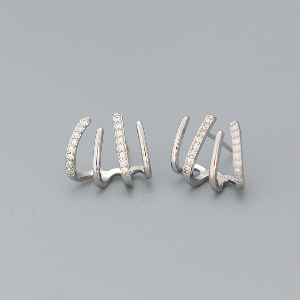 Minimalist Elegant 925 Sterling Silver Geometric Micro-Inlaid Cubic Zirconia Line Stud Earrings for Women