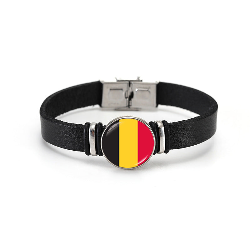 Geometric Plated Leather Bracelet Unisex World Cup Flag Design Casual Wristband