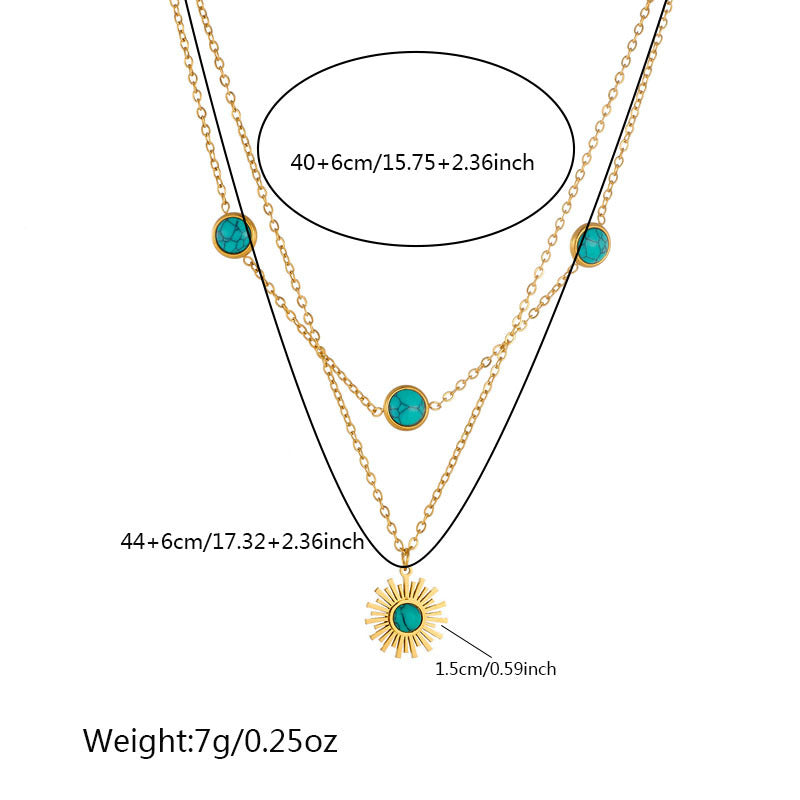 Vintage Fashion Sun Pendant Necklace with Turquoise Inlay Stainless Steel Double Layer Box Chain