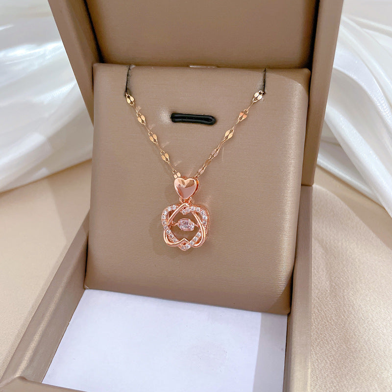 Collana Pendente Lusso Cuore Geometrico Catena Acciaio al Titanio Intarsio Strass