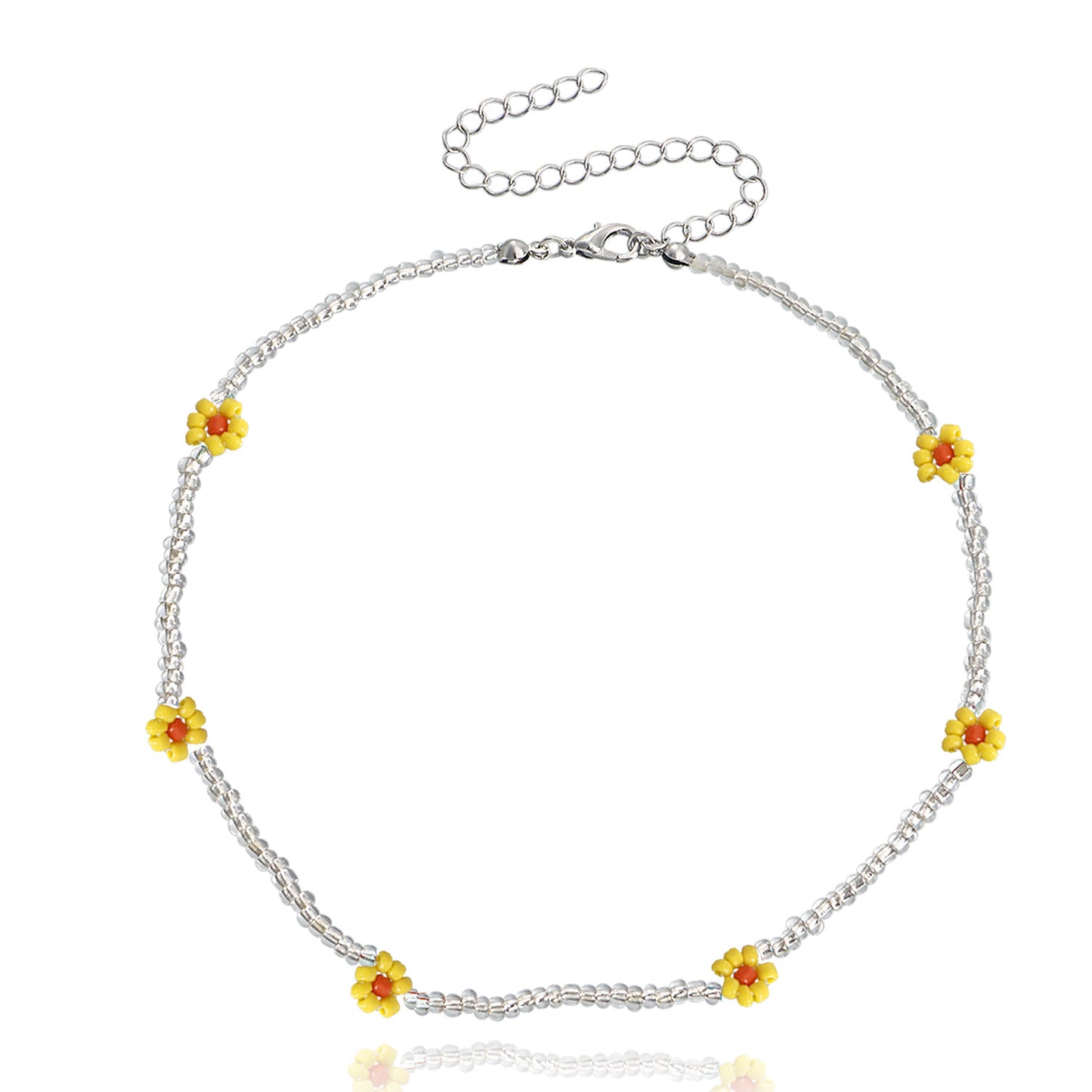 Bohemian Style Daisy Flower Pendant Necklace with Clear White Rice Beads and Geometric Accents in Alloy with Plated Finish for Women