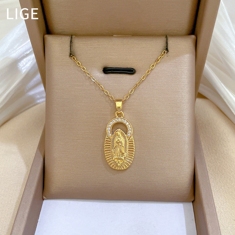 Collar con colgante geométrico de luna de acero de titanio de lujo para mujer con incrustaciones de diamantes de imitación y delicada cadena de clavícula