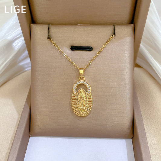 Luxury Titanium Steel Geometric Moon Pendant Necklace for Women with Rhinestone Inlay and Delicate Clavicle Chain