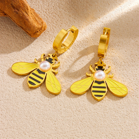 Fashion Elegant Round Stainless Steel Gold Plated Drip Oil Bee Insect Hoop Earrings with Imitation Pearl