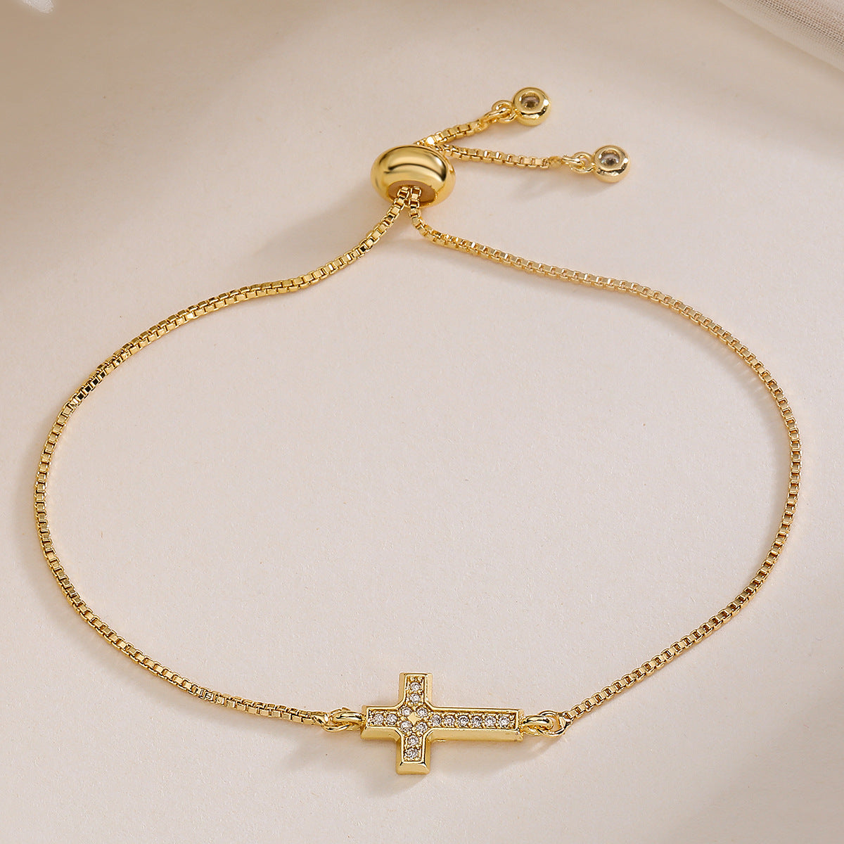 Minimalist Gold Plated Brass Cross Bracelet with Cubic Zirconia for Women
