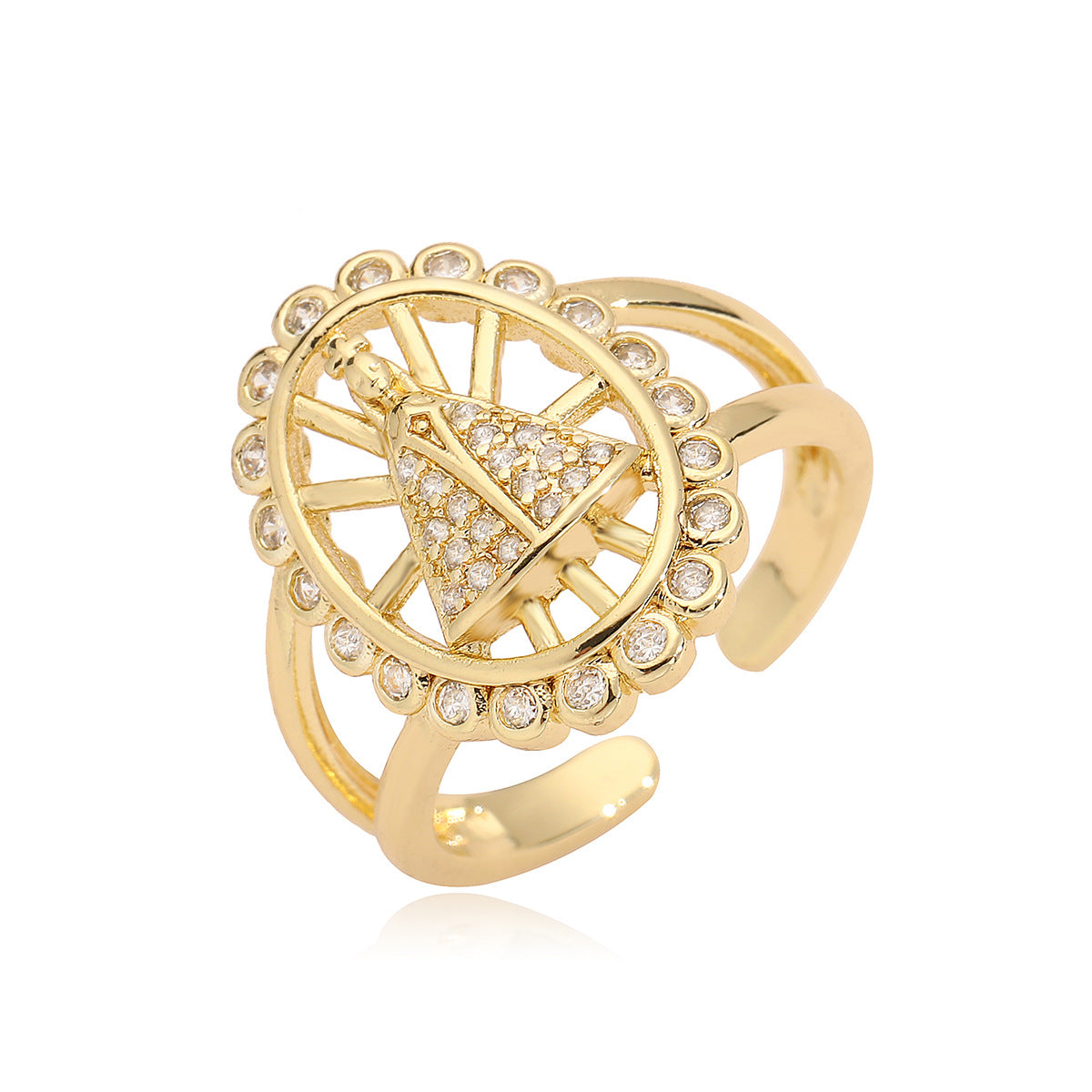 Anello aperto geometrico minimalista da donna in rame con placcatura in oro 18 carati e intarsio di zirconi