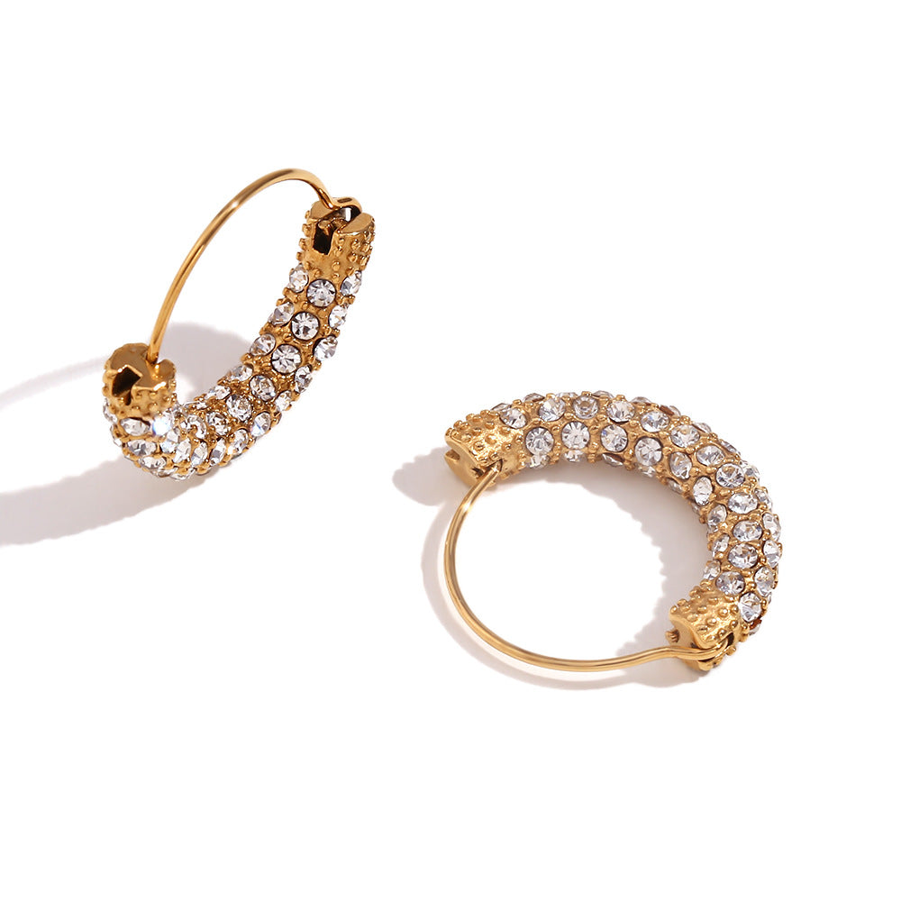 Fashionable Vintage-Inspired Geometric Stainless Steel Plated 18K Gold Hoop Earrings with Micro-Pave White Cubic Zirconia and Pearl Accents