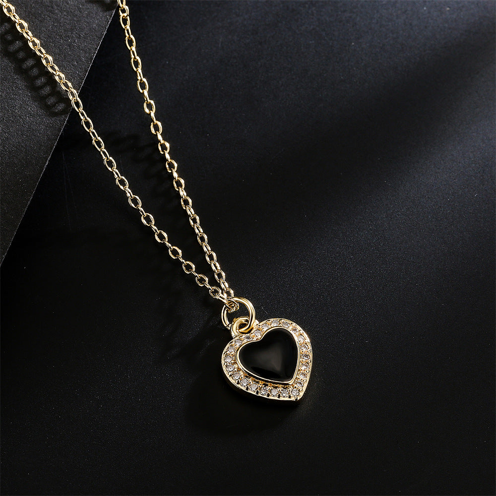 Elegant Heart Micro-Inlaid Cubic Zirconia Drip Oil Brass Pendant Necklace with Cable Chain