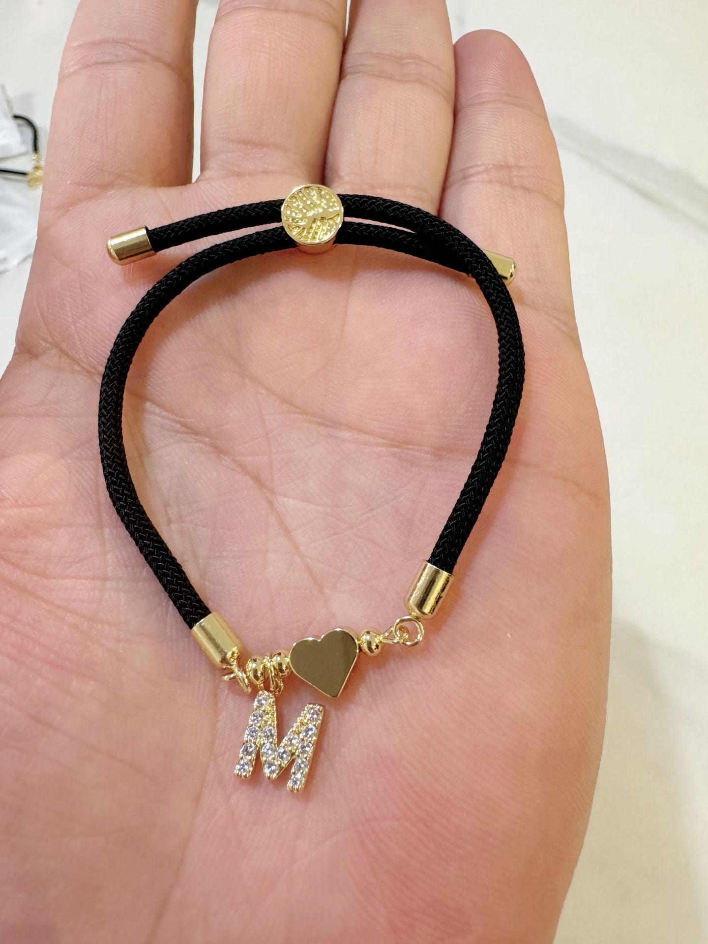 Minimalist Letter Heart Brass Plated Cubic Zirconia Bracelet with Adjustable Black Cord for Women