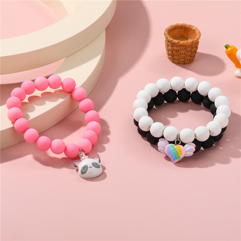 Pulsera de cuentas acrílicas con forma de corazón y panda de estilo de dibujos animados para niñas con colgante de resina, joyería infantil hecha a mano